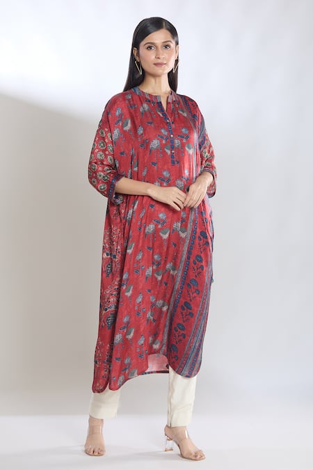SHRADDHA RAMBHIA Red Malai Silk Printed Floral Mandarin Collar Kurta