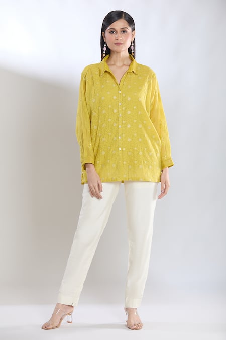 SHRADDHA RAMBHIA Yellow Fine Chanderi Embroidered Thread Collared Shirt