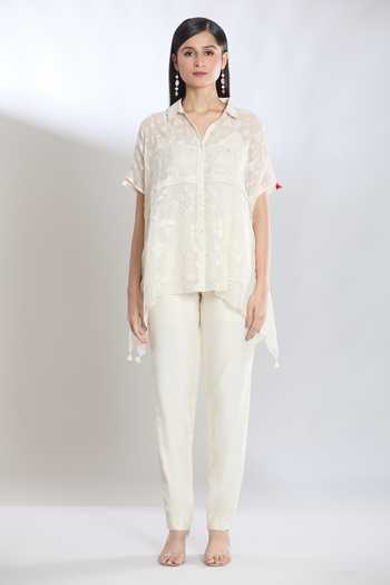 Shraddha Rambhia_Ivory Fine Chanderi Embroidered Thread Collared Asymmetric Shirt_Online_at_Aza_Fashions