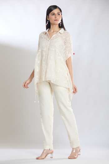 Buy_Shraddha Rambhia_Ivory Fine Chanderi Embroidered Thread Collared Asymmetric Shirt_Online_at_Aza_Fashions