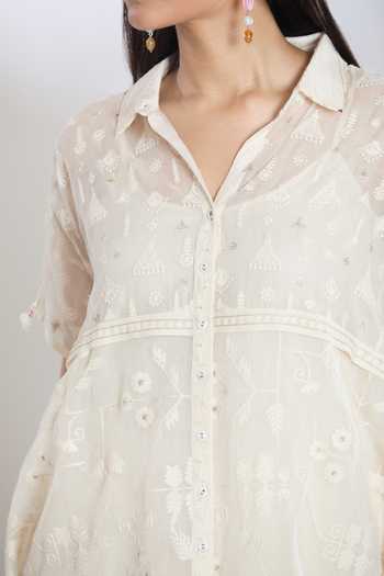 Shop_Shraddha Rambhia_Ivory Fine Chanderi Embroidered Thread Collared Asymmetric Shirt_Online_at_Aza_Fashions