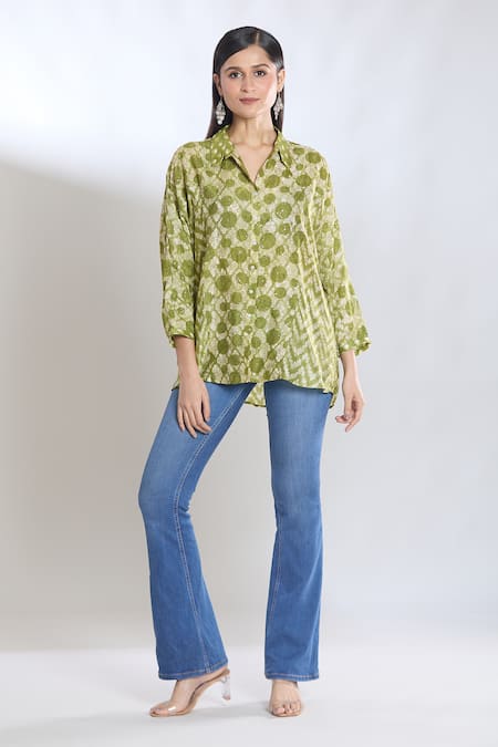 SHRADDHA RAMBHIA Green Slub Silk Embroidered Thread Collared Batki Print Asymmetric Shirt