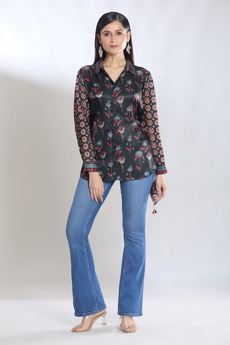 SHRADDHA RAMBHIA Black Malai Silk Printed Floral Collared Asymmetric Shirt
