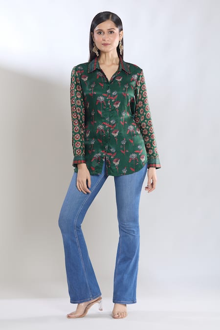 SHRADDHA RAMBHIA Green Malai Silk Printed Floral Collared Asymmetric Back-tie Up Shirt