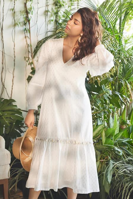 Sonam Parmar Jhawar Ivory Cotton Lurex Embellished Sequin V-neck Elisa Frilled Hem Dress 