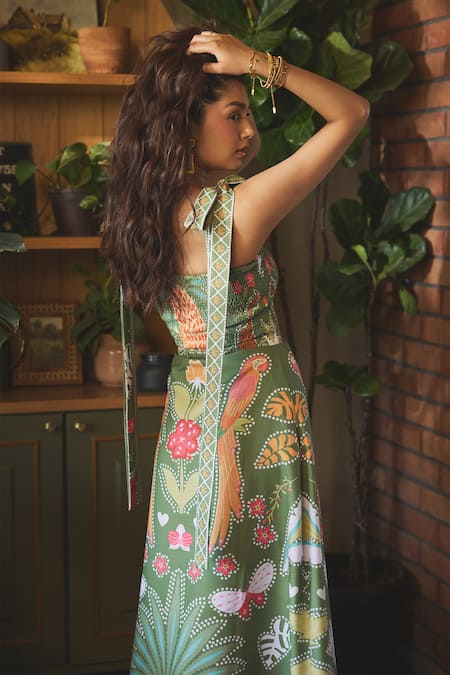 Shop Sonam Parmar Jhawar Green Linen Print Garden Square Imani Tie-up Dress at Aza Fashions Shop_Sonam Parmar Jhawar_Green Linen Print Garden Square Imani Tie-up Dress_at_Aza_Fashions