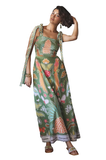 Sonam Parmar Jhawar Green Linen Print Garden Square Imani Tie-up Dress Online at Aza Fashions Sonam Parmar Jhawar_Green Linen Print Garden Square Imani Tie-up Dress_Online_at_Aza_Fashions