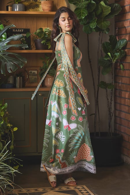 Buy Sonam Parmar Jhawar Green Linen Print Garden Square Imani Tie-up Dress Online at Aza Fashions Buy_Sonam Parmar Jhawar_Green Linen Print Garden Square Imani Tie-up Dress_Online_at_Aza_Fashions