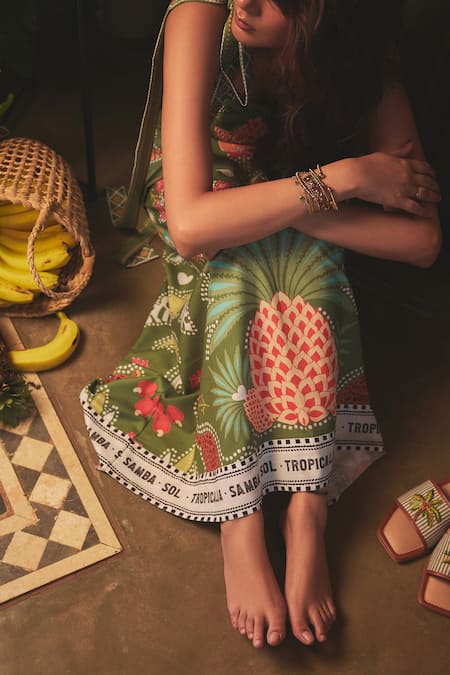 Buy Sonam Parmar Jhawar Green Linen Print Garden Square Imani Tie-up Dress Buy_Sonam Parmar Jhawar_Green Linen Print Garden Square Imani Tie-up Dress