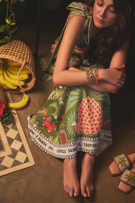 Shop Sonam Parmar Jhawar Green Linen Print Garden Square Imani Tie-up Dress Shop_Sonam Parmar Jhawar_Green Linen Print Garden Square Imani Tie-up Dress