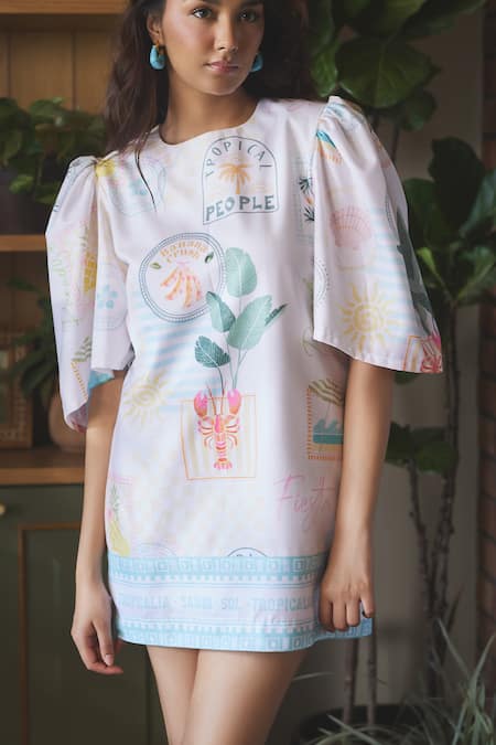 Sonam Parmar Jhawar White Linen Print Stamp Round Lulu Short Dress Online at Aza Fashions Sonam Parmar Jhawar_White Linen Print Stamp Round Lulu Short Dress _Online_at_Aza_Fashions