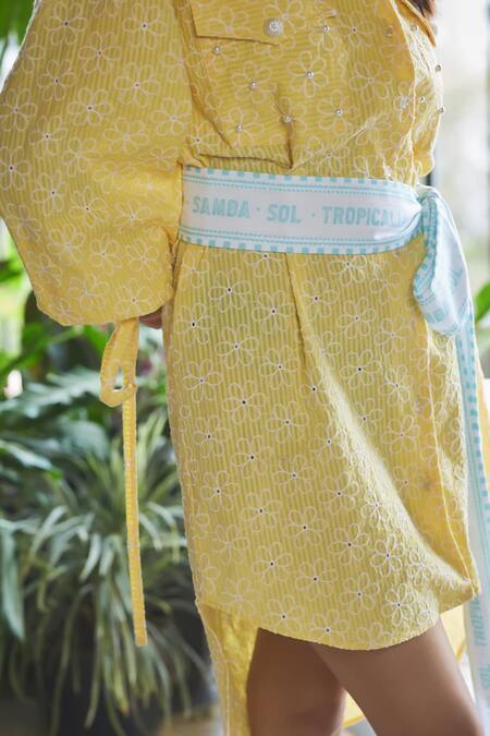 Sonam Parmar Jhawar Yellow Cotton Embroidered Floral Collar Dora Shirt Dress With Belt Online at Aza Fashions Sonam Parmar Jhawar_Yellow Cotton Embroidered Floral Collar Dora Shirt Dress With Belt _Online_at_Aza_Fashions
