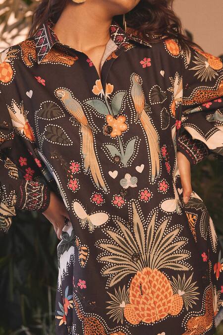 Buy_Sonam Parmar Jhawar_Black Linen Printed Paradise Collar Ohana Oversized Shirt _Online_at_Aza_Fashions