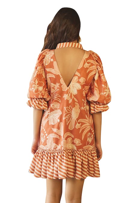 Buy Sonam Parmar Jhawar Orange Linen Printed Paradise Tie-up Neck Irene Dress Buy_Sonam Parmar Jhawar_Orange Linen Printed Paradise Tie-up Neck Irene Dress