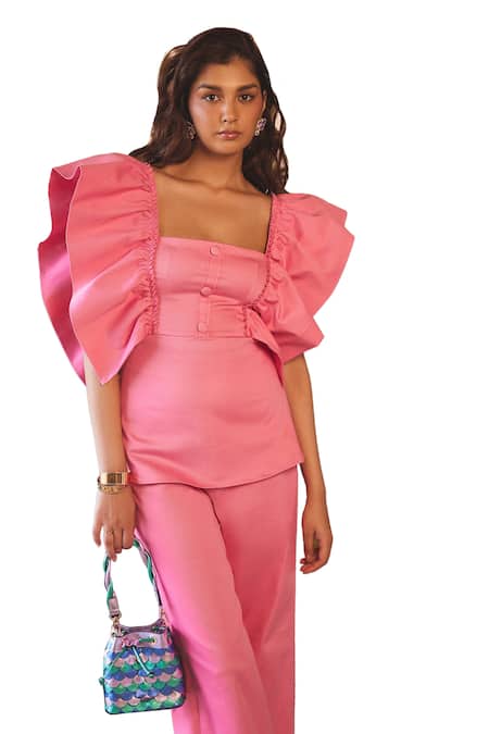 Sonam Parmar Jhawar_Pink Stretch Denim Solid Square Neck Angelika Top And Flared Pant Set _Online_at_Aza_Fashions