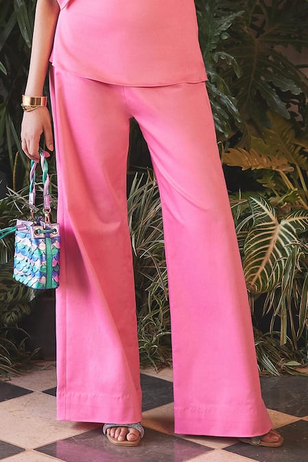Shop_Sonam Parmar Jhawar_Pink Stretch Denim Solid Square Neck Angelika Top And Flared Pant Set _Online_at_Aza_Fashions