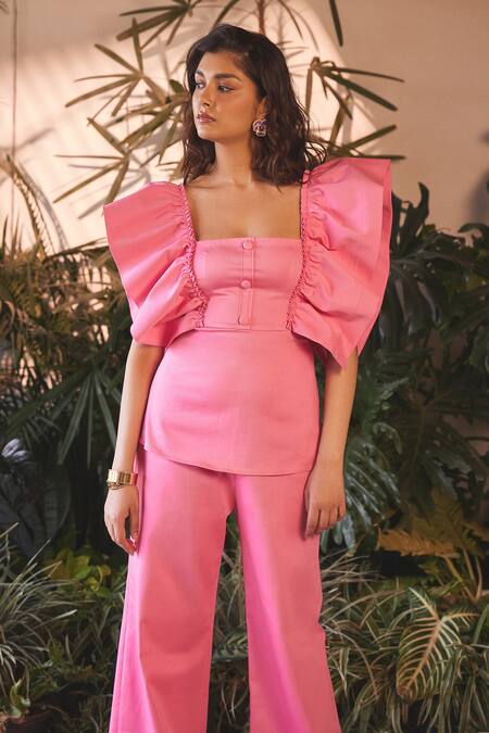 Sonam Parmar Jhawar_Pink Stretch Denim Solid Square Neck Angelika Top And Flared Pant Set _at_Aza_Fashions