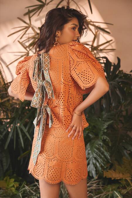 Shop Sonam Parmar Jhawar Orange Hakoba Embroidered Cutwork Round Lolo Top And Skirt Set at Aza Fashions Shop_Sonam Parmar Jhawar_Orange Hakoba Embroidered Cutwork Round Lolo Top And Skirt Set_at_Aza_Fashions