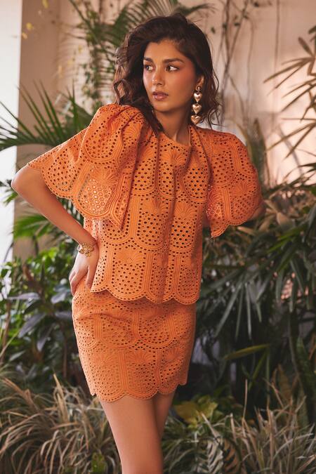 Sonam Parmar Jhawar Orange Hakoba Embroidered Cutwork Round Lolo Top And Skirt Set Online at Aza Fashions Sonam Parmar Jhawar_Orange Hakoba Embroidered Cutwork Round Lolo Top And Skirt Set_Online_at_Aza_Fashions