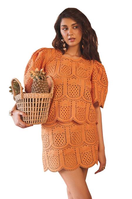 Sonam Parmar Jhawar Orange Hakoba Embroidered Cutwork Round Lolo Top And Skirt Set at Aza Fashions Sonam Parmar Jhawar_Orange Hakoba Embroidered Cutwork Round Lolo Top And Skirt Set_at_Aza_Fashions