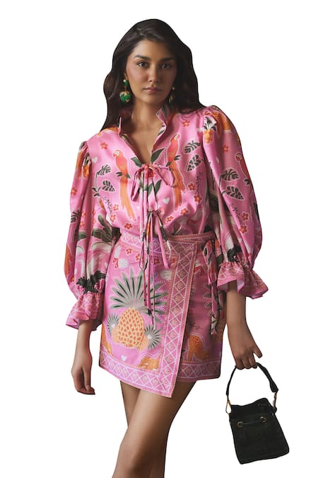 Sonam Parmar Jhawar_Pink Linen Printed Paradise Stand Collar Georgia Shirt And Skirt Set_Online_at_Aza_Fashions