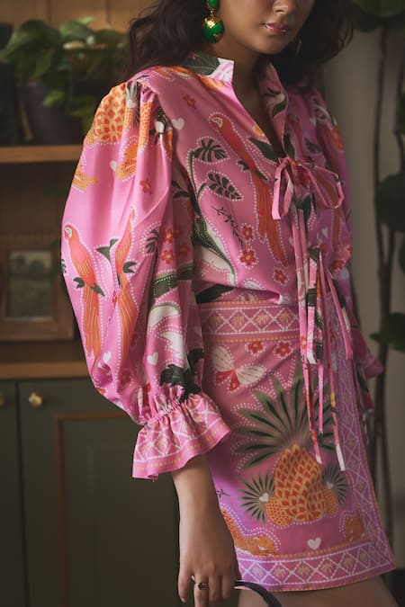 Buy_Sonam Parmar Jhawar_Pink Linen Printed Paradise Stand Collar Georgia Shirt And Skirt Set_Online_at_Aza_Fashions