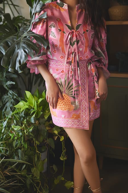 Sonam Parmar Jhawar_Pink Linen Printed Paradise Stand Collar Georgia Shirt And Skirt Set_at_Aza_Fashions