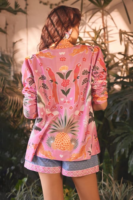 Shop Sonam Parmar Jhawar Pink Jacket Linen Printed Paradise Lapel Collar Trina Shorts Set at Aza Fashions Shop_Sonam Parmar Jhawar_Pink Jacket Linen Printed Paradise Lapel Collar Trina Shorts Set_at_Aza_Fashions