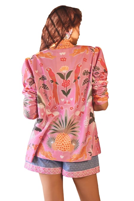 Sonam Parmar Jhawar Pink Jacket Linen Printed Paradise Lapel Collar Trina Shorts Set at Aza Fashions Sonam Parmar Jhawar_Pink Jacket Linen Printed Paradise Lapel Collar Trina Shorts Set_at_Aza_Fashions