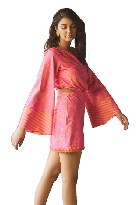 Buy_Sonam Parmar Jhawar_Pink Linen Printed Toucan Round Beth Dress _Online_at_Aza_Fashions
