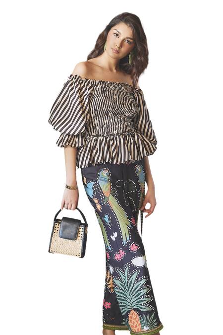 Sonam Parmar Jhawar_Black Top Cotton Printed Striped Off Shoulder Zara And Pant Set _Online_at_Aza_Fashions