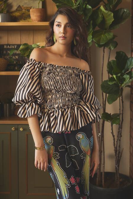 Buy_Sonam Parmar Jhawar_Black Top Cotton Printed Striped Off Shoulder Zara And Pant Set _Online_at_Aza_Fashions