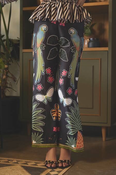 Shop_Sonam Parmar Jhawar_Black Top Cotton Printed Striped Off Shoulder Zara And Pant Set _Online_at_Aza_Fashions