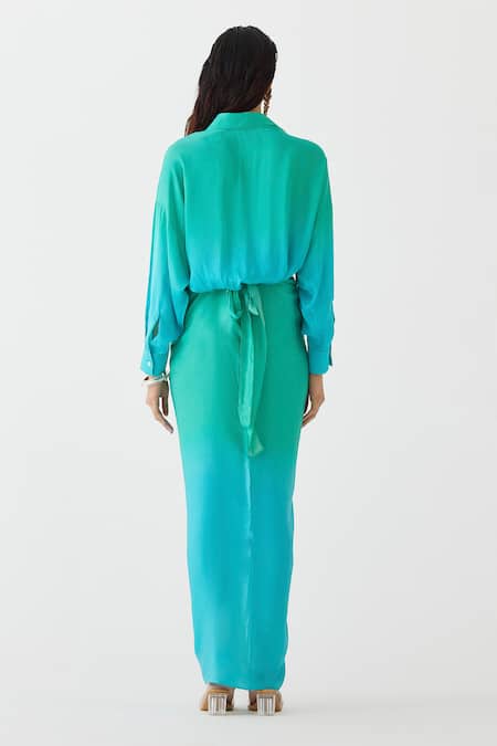 Shop Studio Rigu Blue Velvet Shawl Neck Caspian Ombre Draped Shirt Dress at Aza Fashions Shop_Studio Rigu_Blue Velvet Shawl Neck Caspian Ombre Draped Shirt Dress _at_Aza_Fashions