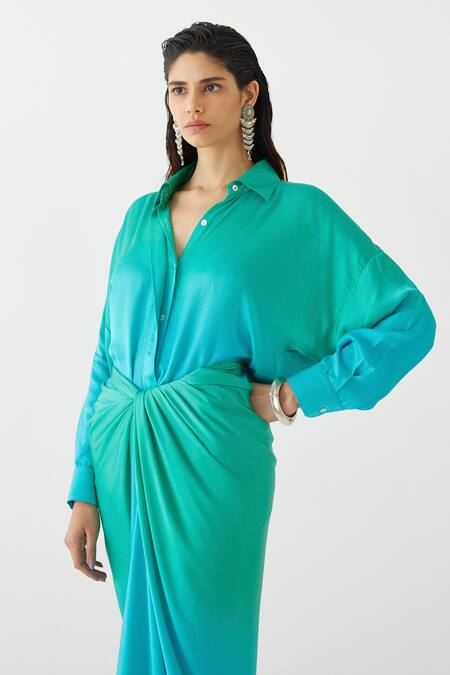 Studio Rigu Blue Velvet Shawl Neck Caspian Ombre Draped Shirt Dress Online at Aza Fashions Studio Rigu_Blue Velvet Shawl Neck Caspian Ombre Draped Shirt Dress _Online_at_Aza_Fashions