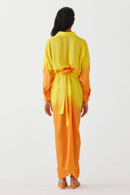 Shop Studio Rigu Yellow Velvet Shawl Neck Twilight Draped Ombre Shirt Dress at Aza Fashions Shop_Studio Rigu_Yellow Velvet Shawl Neck Twilight Draped Ombre Shirt Dress _at_Aza_Fashions
