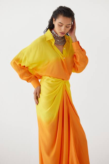 Studio Rigu Yellow Velvet Shawl Neck Twilight Draped Ombre Shirt Dress Online at Aza Fashions Studio Rigu_Yellow Velvet Shawl Neck Twilight Draped Ombre Shirt Dress _Online_at_Aza_Fashions