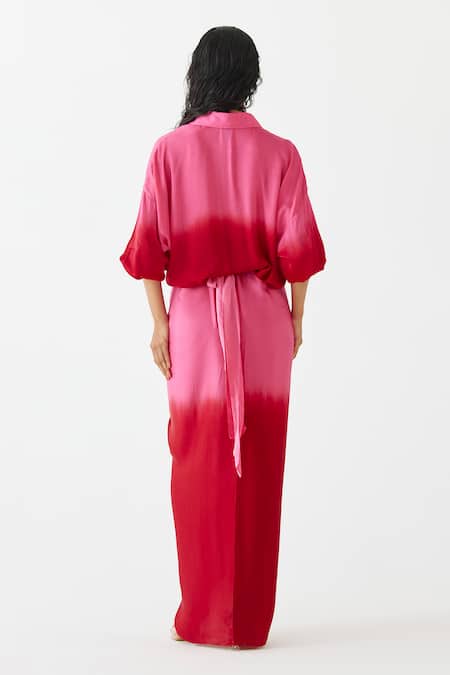 Shop Studio Rigu Pink Velvet Collared Shaded Draped Shirt Dress at Aza Fashions Shop_Studio Rigu_Pink Velvet Collared Shaded Draped Shirt Dress _at_Aza_Fashions
