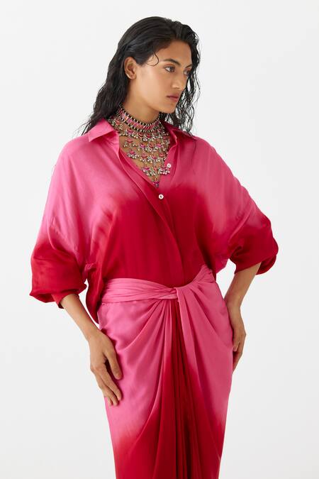 Studio Rigu Pink Velvet Collared Shaded Draped Shirt Dress Online at Aza Fashions Studio Rigu_Pink Velvet Collared Shaded Draped Shirt Dress _Online_at_Aza_Fashions