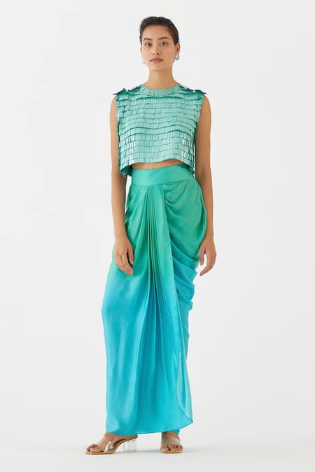 Studio Rigu Blue Vegan Silk Embellished Ombre Round Caspian Sequin Top With Draped Skirt 