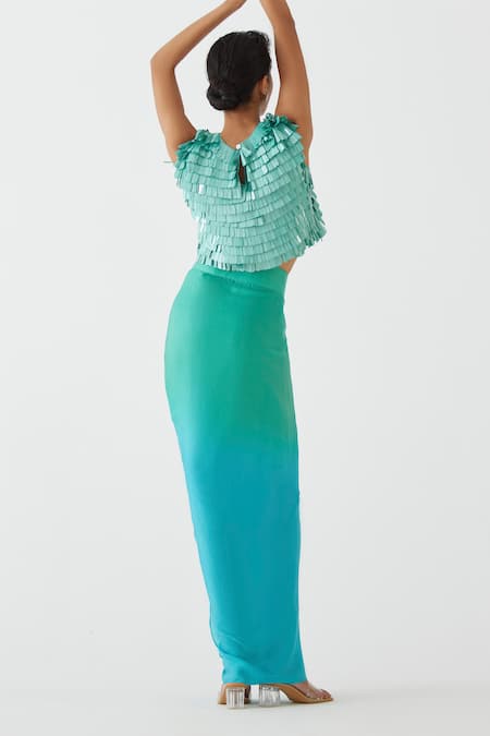 Shop Studio Rigu Blue Velvet Sequins Round Neck Caspian Embellished Top With Ombre Draped Skirt at Aza Fashions Shop_Studio Rigu_Blue Velvet Sequins Round Neck Caspian Embellished Top With Ombre Draped Skirt _at_Aza_Fashions