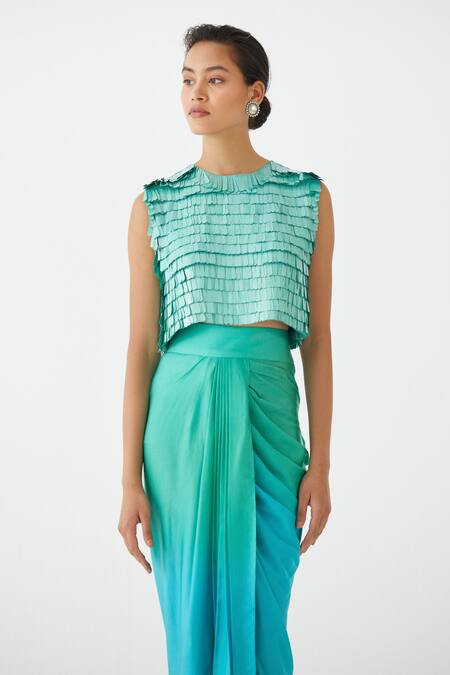 Studio Rigu Blue Velvet Sequins Round Neck Caspian Embellished Top With Ombre Draped Skirt Online at Aza Fashions Studio Rigu_Blue Velvet Sequins Round Neck Caspian Embellished Top With Ombre Draped Skirt _Online_at_Aza_Fashions