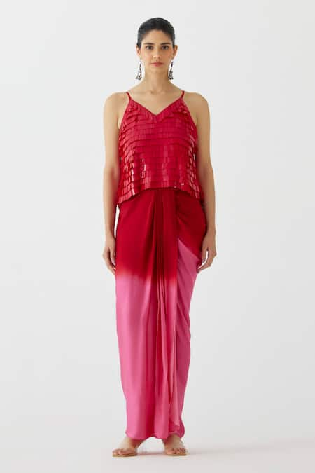 Studio Rigu Embellished Top With Ombre Draped Skirt 