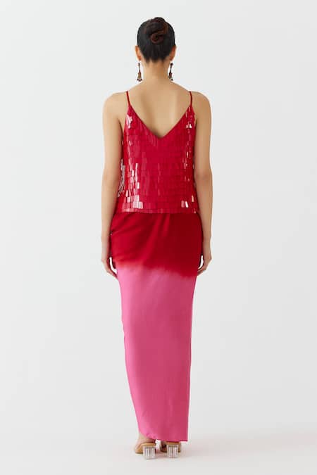 Shop Studio Rigu Red Velvet Sequins V-neck Embellished Top With Ombre Draped Skirt at Aza Fashions Shop_Studio Rigu_Red Velvet Sequins V-neck Embellished Top With Ombre Draped Skirt _at_Aza_Fashions