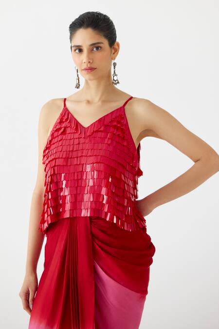 Studio Rigu Red Velvet Sequins V-neck Embellished Top With Ombre Draped Skirt Online at Aza Fashions Studio Rigu_Red Velvet Sequins V-neck Embellished Top With Ombre Draped Skirt _Online_at_Aza_Fashions