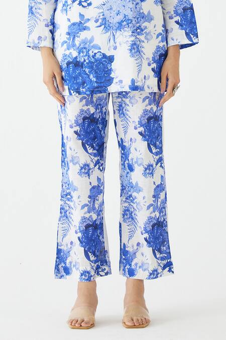 Studio Rigu_Blue Cotton Sequins, Fringe, Embroidery Chinz Floral Print Short Kurta With Pant _Online_at_Aza_Fashions