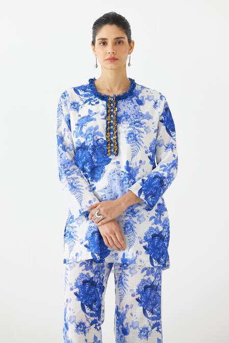 Buy_Studio Rigu_Blue Cotton Sequins, Fringe, Embroidery Chinz Floral Print Short Kurta With Pant _Online_at_Aza_Fashions
