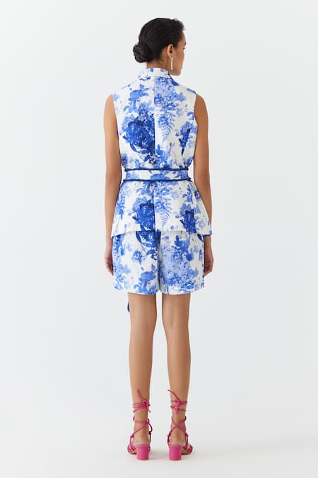 Shop Studio Rigu Blue Cotton Fringe Chinz Floral Print Blazer Shorts Set at Aza Fashions Shop_Studio Rigu_Blue Cotton Fringe Chinz Floral Print Blazer Shorts Set _at_Aza_Fashions