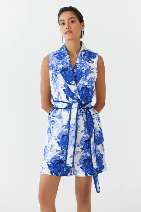 Studio Rigu Blue Cotton Fringe Chinz Floral Print Blazer Shorts Set Online at Aza Fashions Studio Rigu_Blue Cotton Fringe Chinz Floral Print Blazer Shorts Set _Online_at_Aza_Fashions