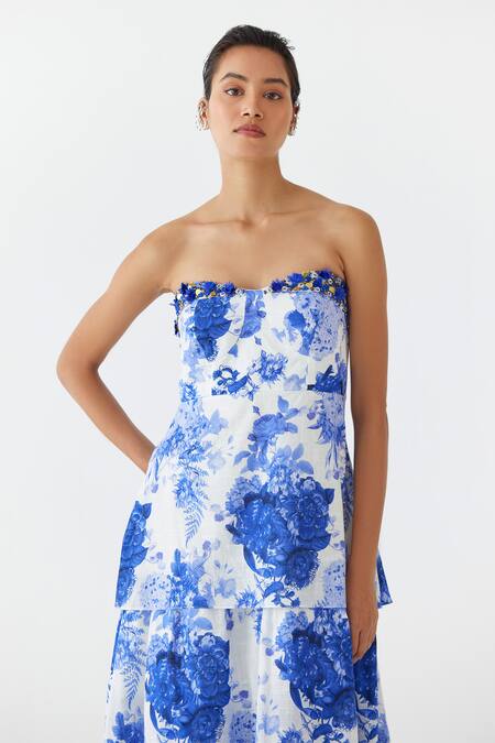 Studio Rigu_Blue Cotton Embroidery Off-shoulder Chinz Floral Print Tiered Dress _Online_at_Aza_Fashions